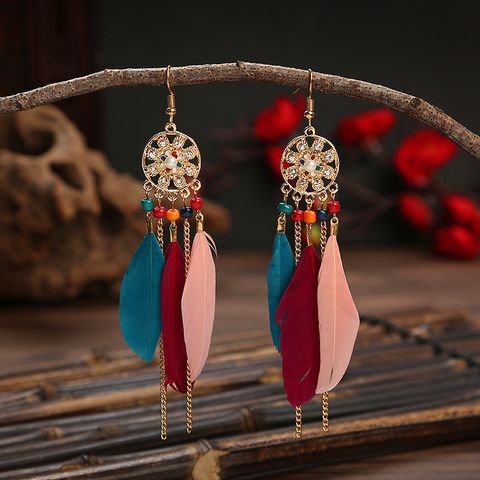 Ethnic Style Flower Feather Metal Hollow Out Inlay Artificial Pearls Rhinestones Women's Drop Earrings