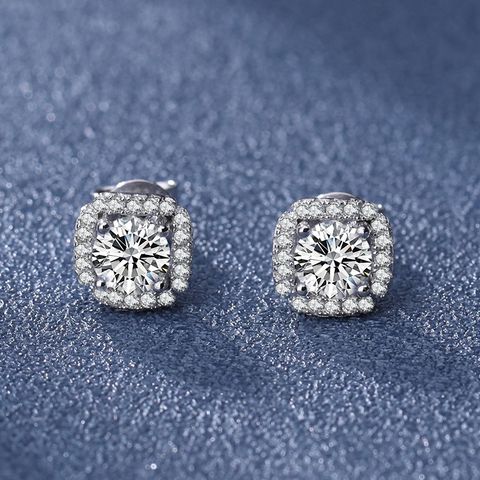 Casual Simple Style Square Sterling Silver Moissanite Zircon Ear Studs In Bulk