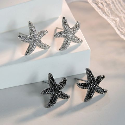 1 Pair Elegant Lady Starfish Inlay Copper Zircon Ear Studs