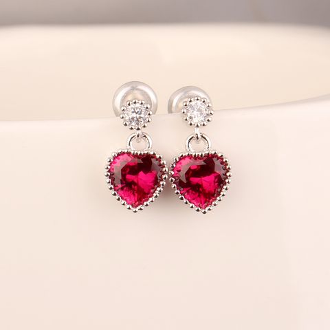 1 Pair Cute Heart Shape Plating Inlay Sterling Silver Copper Zircon Drop Earrings Ear Studs