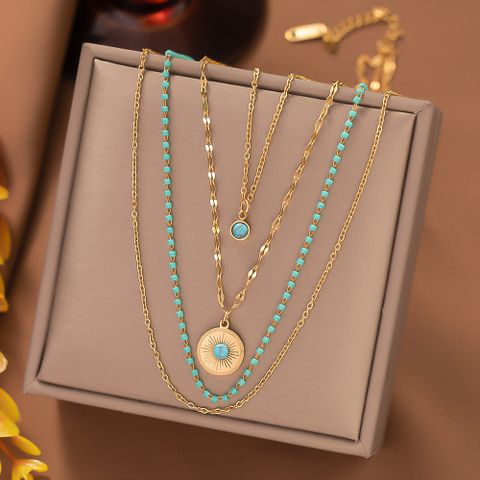 Casual Eye Titanium Steel Plating Inlay Turquoise Layered Necklaces