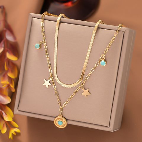 304 Stainless Steel 18K Gold Plated Elegant Inlay Eye Flower Lightning Artificial Rhinestones Resin Stone Layered Necklaces