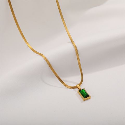304 Stainless Steel 18K Gold Plated Simple Style Commute Plating Inlay Rectangle Artificial Rhinestones Pendant Necklace