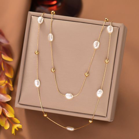 Lady Pearl Titanium Steel Beaded Plating Layered Necklaces