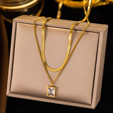 304 Stainless Steel 18K Gold Plated Simple Style Commute Plating Inlay Rectangle Artificial Rhinestones Layered Necklaces