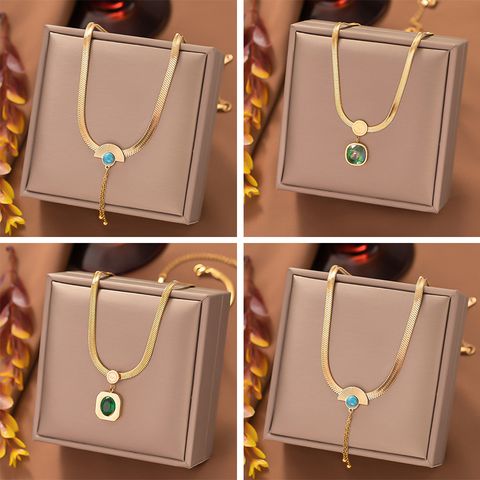 304 Stainless Steel 18K Gold Plated Casual Simple Style Plating Inlay Sector Square Oval Artificial Rhinestones Resin Pendant Necklace