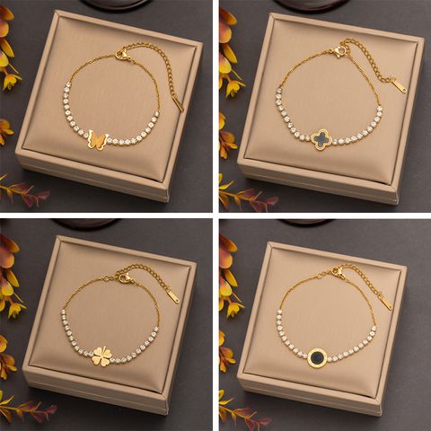 Casual Simple Style Four Leaf Clover Round Butterfly 304 Stainless Steel 18K Gold Plated Acrylic Artificial Rhinestones Resin Bracelets In Bulk