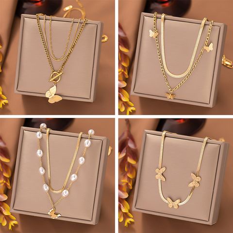 304 Stainless Steel 18K Gold Plated Casual Elegant Toggle Pearl Plating Butterfly Layered Necklaces