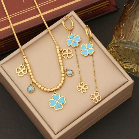 Stainless Steel 18K Gold Plated Elegant Plating Inlay Flower Turquoise Bracelets Earrings Necklace