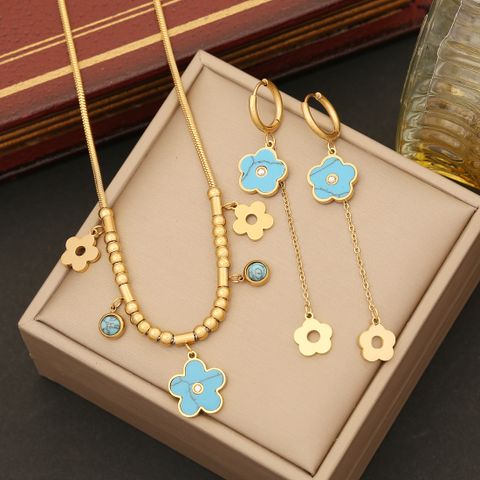 Stainless Steel 18K Gold Plated IG Style Classic Style Plating Inlay Flower Turquoise Bracelets Earrings Necklace