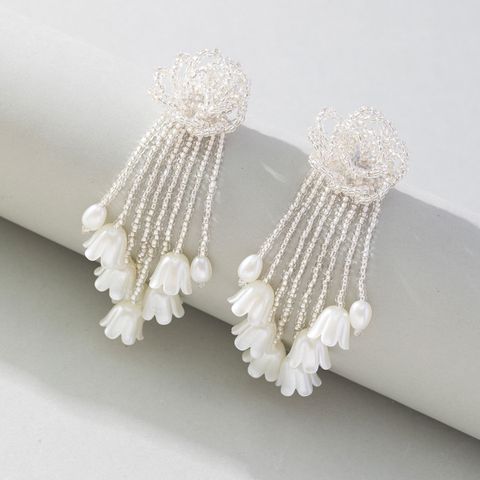 1 Pair Sweet Korean Style Flower Beaded Drop Earrings
