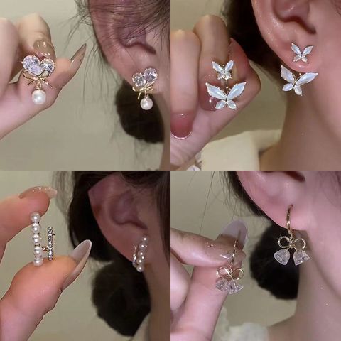 1 Pair Lady Heart Shape Bow Knot Inlay Artificial Crystal Zircon Drop Earrings Earrings