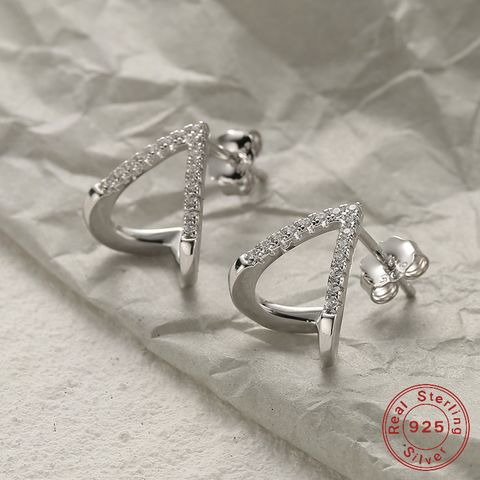 1 Pair Simple Style Commute Triangle Inlay Sterling Silver Zircon White Gold Plated Ear Studs