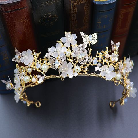 Elegant Bridal Flower Butterfly Alloy Plating Inlay Artificial Crystal Artificial Pearls Rhinestones Crown