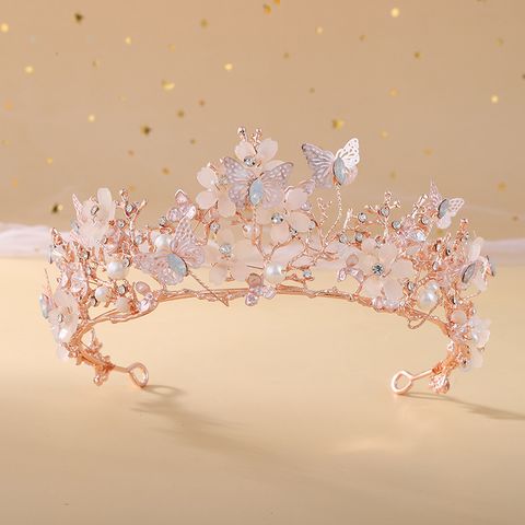 Élégant De Mariée Sucré Fleur Papillon Alliage Placage Incruster Cristal Artificiel Perles Artificielles Strass Couronne
