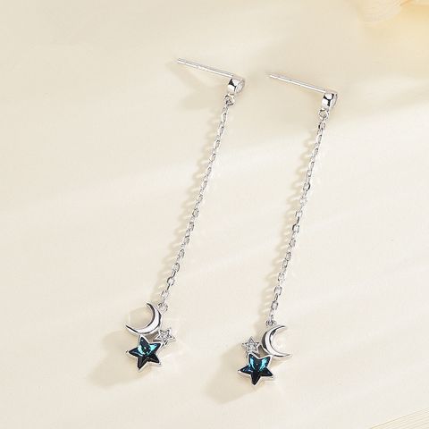 1 Pair Fairy Style Star Moon Chain Inlay Sterling Silver Zircon Drop Earrings