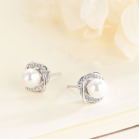 1 Pair Simple Style Commute Round Inlay Sterling Silver Pearl Zircon Ear Studs