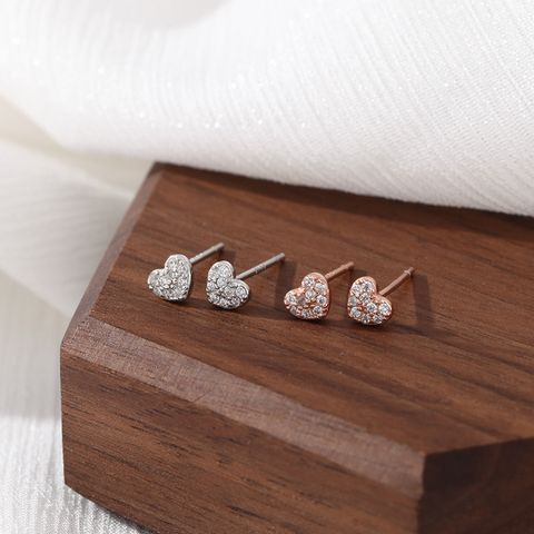 1 Pair Sweet Simple Style Heart Shape Plating Inlay Sterling Silver Zircon Ear Studs
