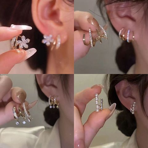 1 Pair Lady Geometric Flower Inlay Artificial Crystal Artificial Gemstones Earrings Ear Studs