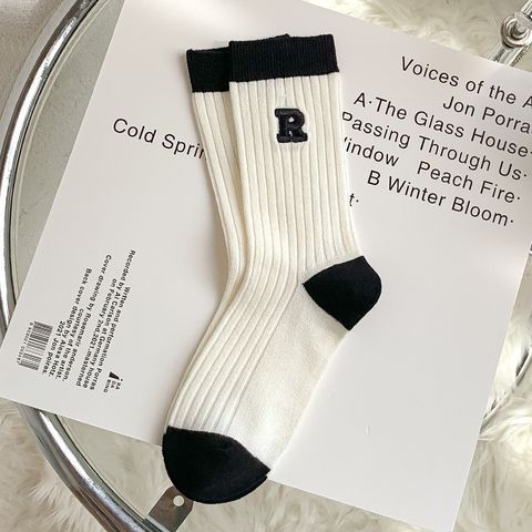 Women's Japanese Style Stripe Solid Color Cotton Crew Socks 1 Piece