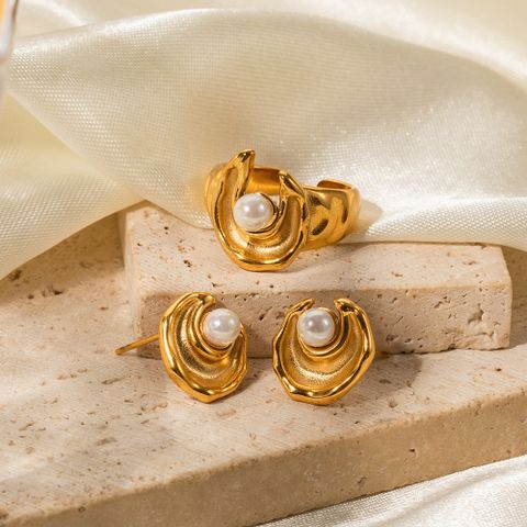 Großhandel Ig-stil Einfacher Stil Irregulär Rostfreier Stahl Überzug Inlay 18 Karat Vergoldet Perle Ringe Ohrringe