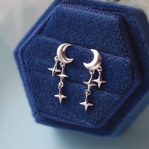 1 Pair Lady Star Moon Plating Sterling Silver White Gold Plated Drop Earrings