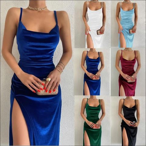 Women's Strap Dress Elegant U Neck Slit Backless Sleeveless Solid Color Midi Dress Banquet