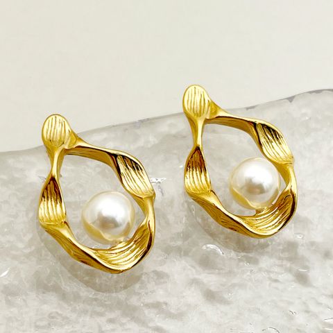 1 Pair Elegant Streetwear Irregular Polishing Plating Inlay 304 Stainless Steel Pearl 14K Gold Plated Ear Studs
