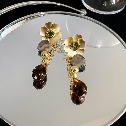 Ethnic Style Flower Metal Tassel Inlay Artificial Gemstones Women's Earrings