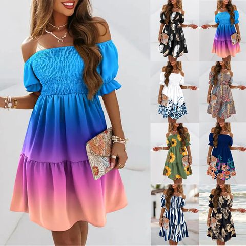 Women's A-line Skirt Sheath Dress Regular Dress Romantic Simple Style Off Shoulder Boat Neck Strapless Patchwork Elastic Waist Ruched Short Sleeve Gradient Color Knee-length Daily Party Festival