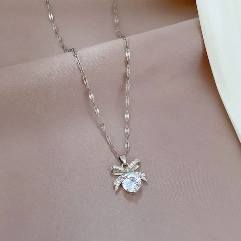 Stainless Steel Copper Sweet Inlay Bow Knot Artificial Gemstones Pendant Necklace