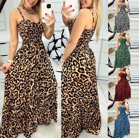 Women's Sheath Dress Strap Dress Regular Dress Casual Simple Style Classic Style V Neck Deep V Plunging Neck Elastic Waist Sleeveless Leopard Maxi Long Dress Outdoor Travel Daily