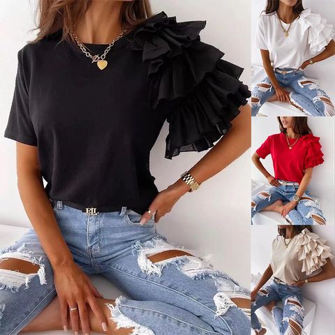 Women's T-shirt Short Sleeve T-shirts Draped Ruffles Casual Preppy Style Simple Solid Color