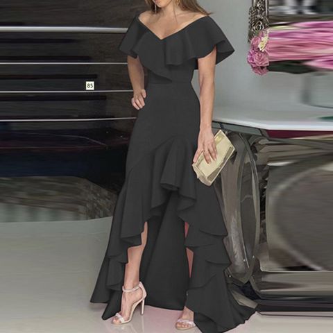 Women's Sheath Dress Elegant V Neck Ruffle Hem Ruched Short Sleeve Solid Color Asymmetrical Dress Maxi Long Dress Party