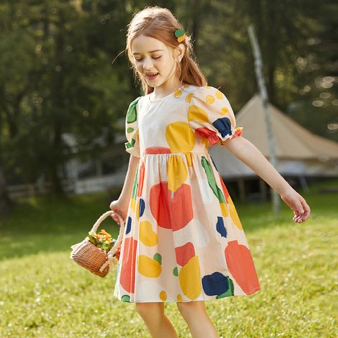 Classic Style Round Dots Printing Cotton Girls Dresses
