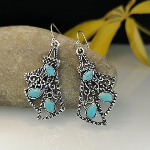 1 Pair Vintage Style Ethnic Style Bohemian Geometric Inlay Alloy Turquoise Silver Plated Drop Earrings