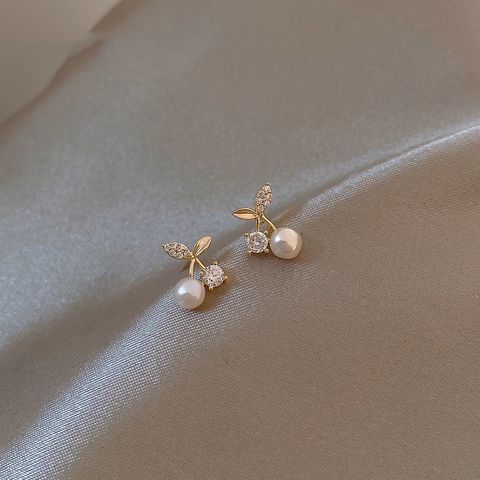 1 Pair Sweet Simple Style Cherry Plating Inlay Copper Pearl Zircon 14k Gold Plated Ear Studs