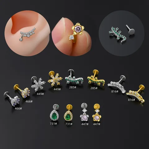 Simple Style Flower Lizard Brass Butterfly Zircon 18k Gold Plated Lip Stud