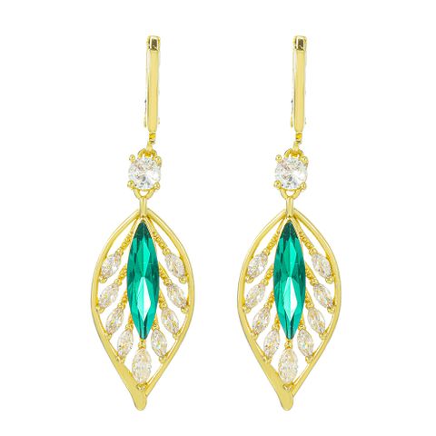 1 Pair Vintage Style Leaves Plating Copper Zircon 14k Gold Plated Dangling Earrings