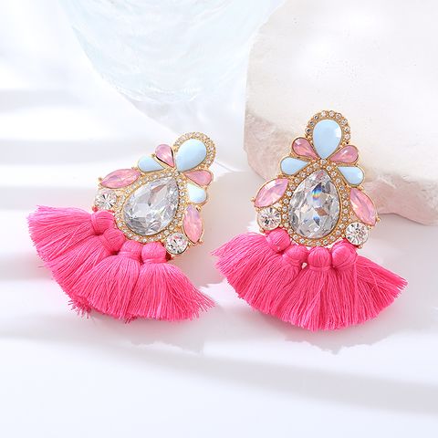 1 Pair Glam Ethnic Style Water Droplets Tassel Inlay Alloy Rhinestones Gold Plated Drop Earrings