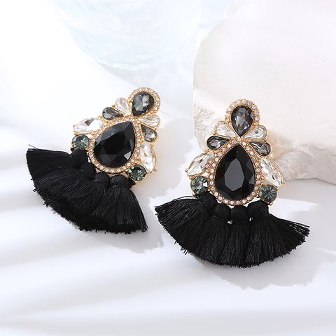 1 Pair Glam Ethnic Style Water Droplets Tassel Inlay Alloy Rhinestones Gold Plated Drop Earrings