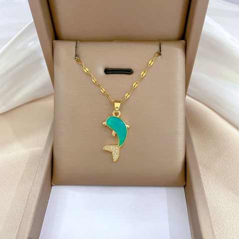 Stainless Steel Copper Cute Enamel Plating Inlay Dolphin Rhinestones Pendant Necklace