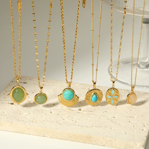 304 Stainless Steel 18K Gold Plated Simple Style Inlay Round Natural Stone Pendant Necklace