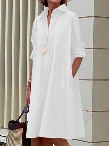 Women's Shirt Dress Casual Shirt Collar Long Sleeve Solid Color Knee-length Daily