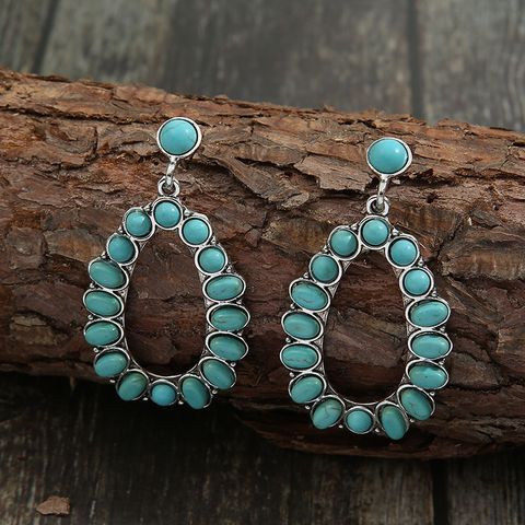 1 Pair Retro Bohemian Water Droplets Plating Hollow Out Inlay Alloy Turquoise Drop Earrings