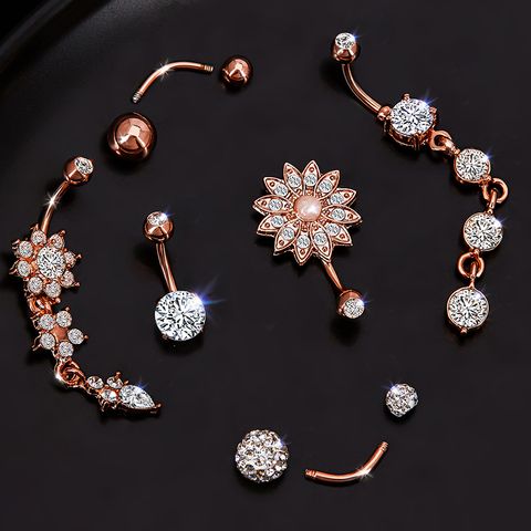 6 Pieces Belly Rings Casual Classic Style Solid Color Titanium Steel Inlay Zircon