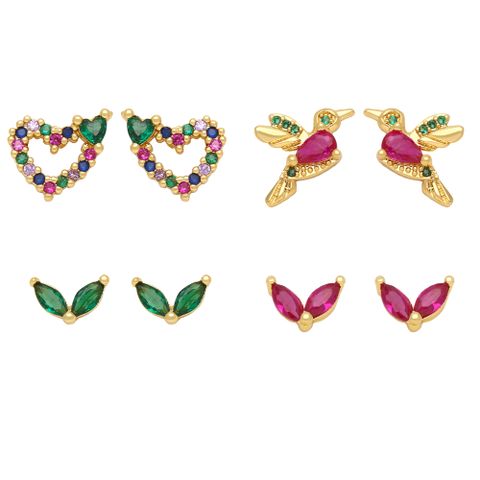 1 Pair Glam Heart Shape Bird Inlay Copper Color Zircon Ear Studs