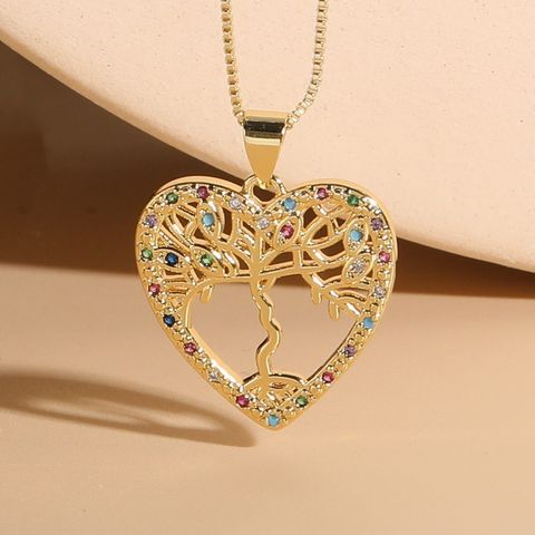 Elegant Luxurious Classic Style Portrait Tree Heart Shape Copper Plating Inlay Zircon 14k Gold Plated Pendant Necklace
