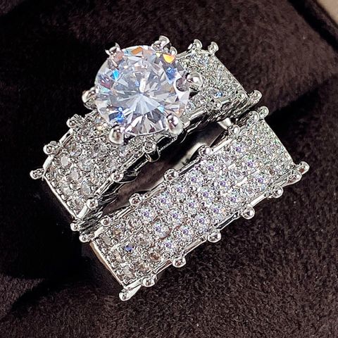 Vintage Style Geometric Copper Plating Inlay Zircon White Gold Plated Rings