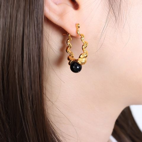 1 Pair Retro Commute Spiral Stripe Titanium Steel Plating Inlay Glass Bead 18k Gold Plated Earrings